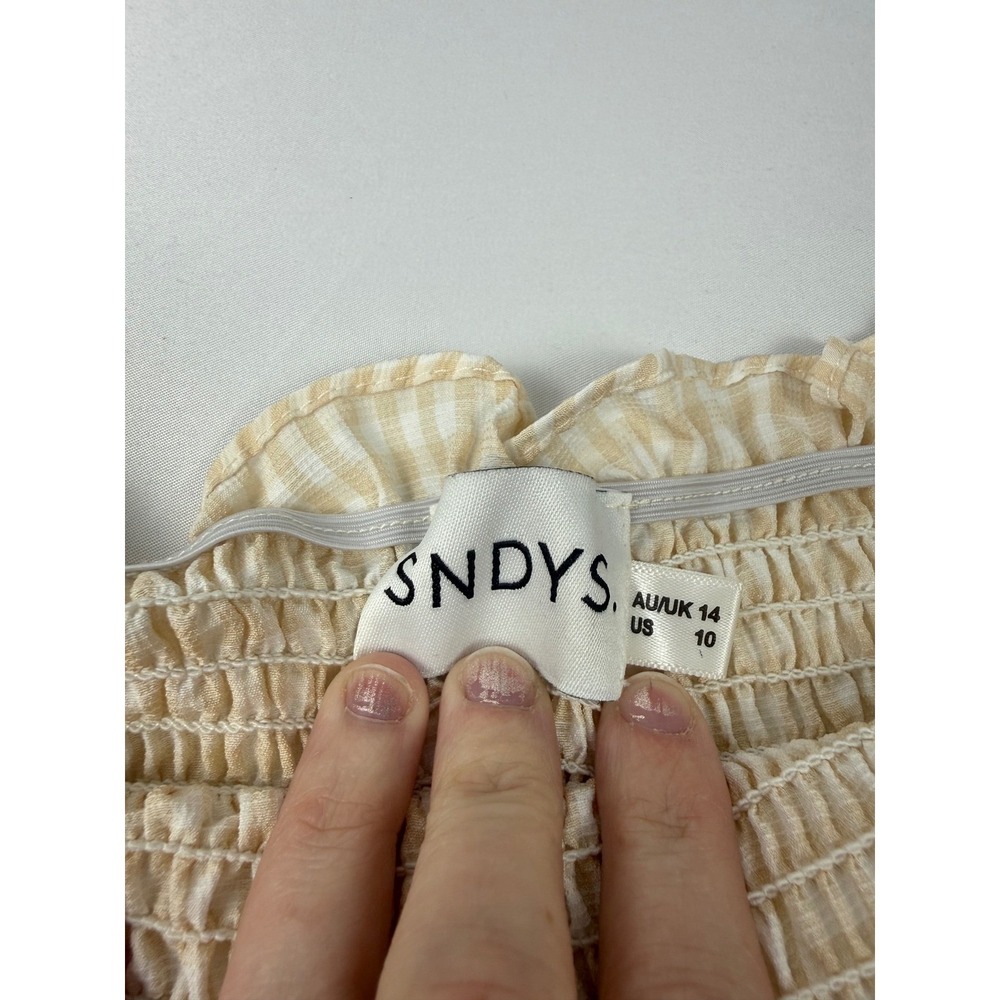 SNDYS US 10 Beige Gingham Smocked Midi Dress Cottagecore Puff Sleeve - Picture 4 of 9